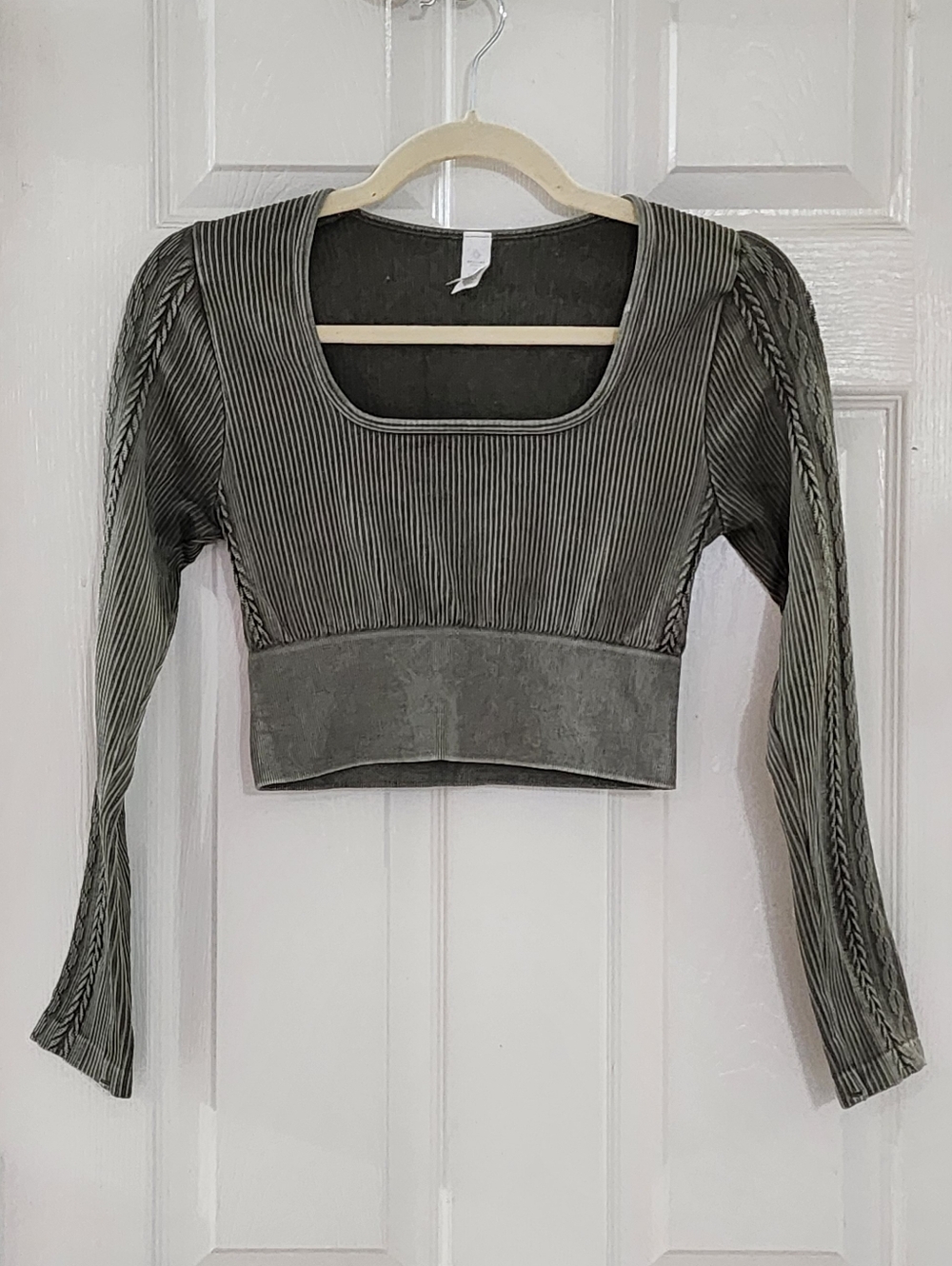 OFFLINE by Aerie Seamless Ribbed Braided Long Sleeve Crop Top Olive Green S